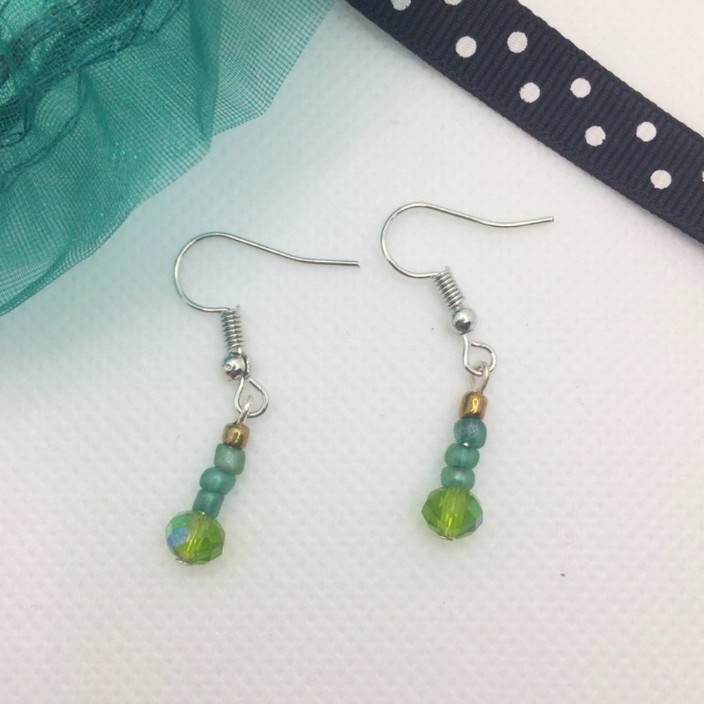 Green and Gold Beaded Dangle Earrings